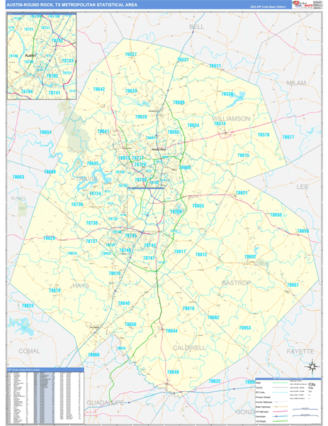 Austin-Round Rock, TX Metro Area Zip Code Map
